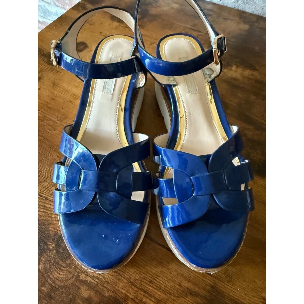 Blue Patent Leather Platform Sandals With Adjustable Strap & White Sole Size 7.5
